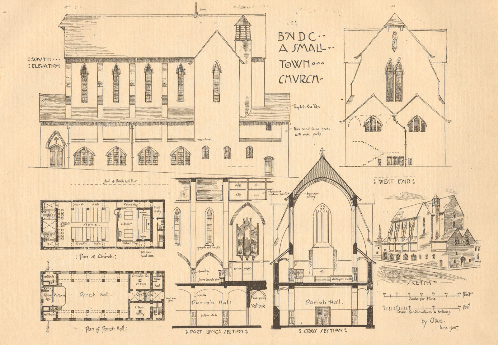 A small town church. Plans & elevations 1905 old antique vintage print picture
